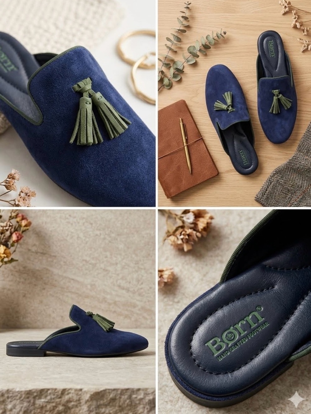 Born Navy Suede Tassel Slip-On Loafers with Olive Accents